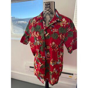 VTG Red Hawaiian Christmas Santa S/S Cotton Collared Shirt with Surfboards, Palm